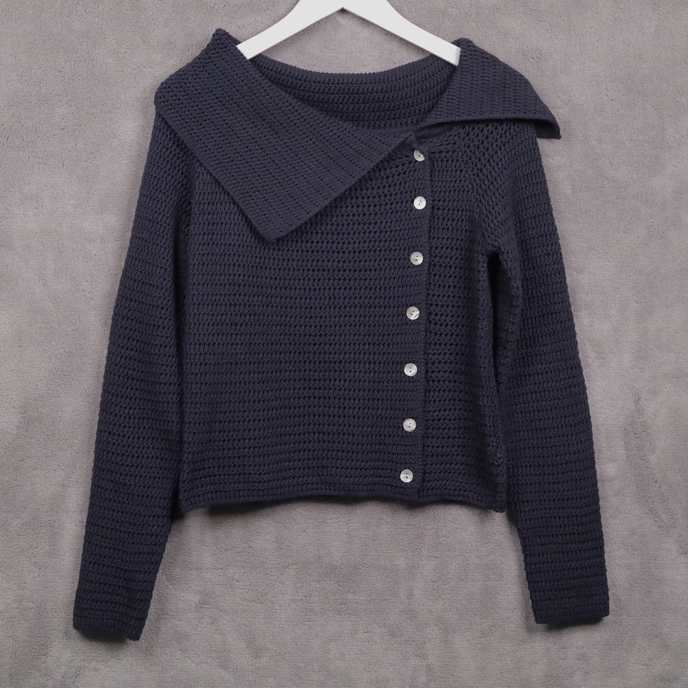 COMMENSE Asymmetrical Button Knit Sweater Oversized Collar Navy Blue Sz L